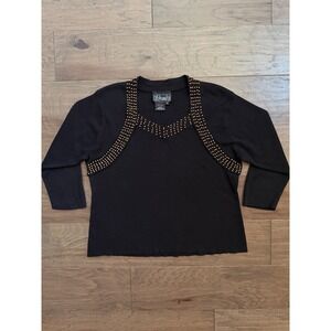 Rochelle‎ California Womens XL Black Cotton Knit V-Neck Beaded 3/4 Sleeve Top
